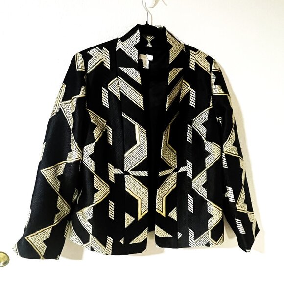 Chico's Geometric Open Front Jacket Size 1 Black & Gold Polyester Blend - Picture 1 of 8